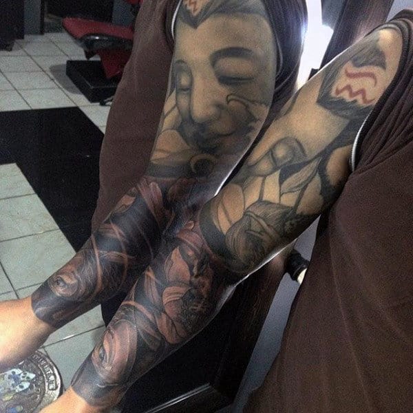 Smiling Buddha Tattoo On Full Arms For Men
