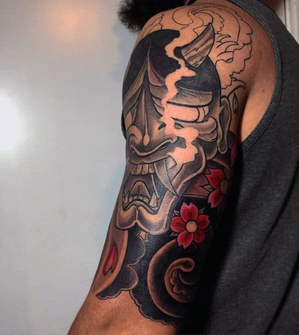 Smoking Hannya Mask Male Half Sleeve Tattoo