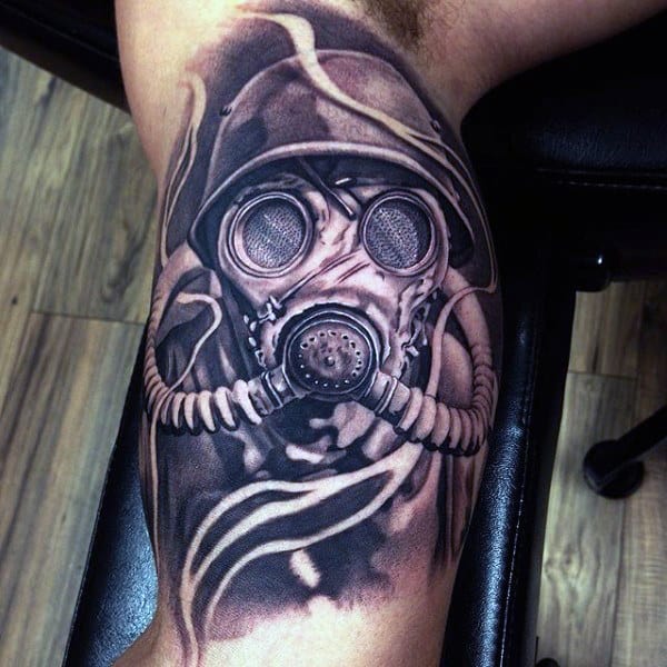 Smoking Mens Gas Mask Bicep Tattoos