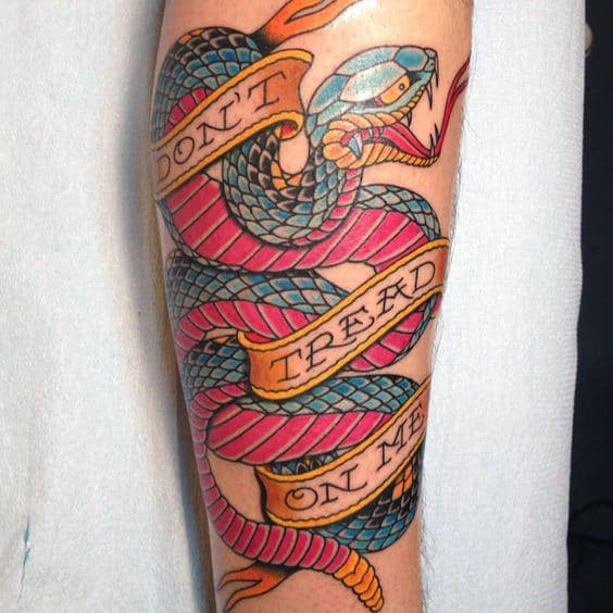 Snake And Dont Tread On Me Text In Full Color Forearm Tattoo For Guys