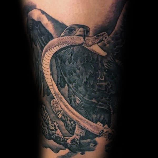 Snake And Mexican Eagle Guys Arm Tattoo