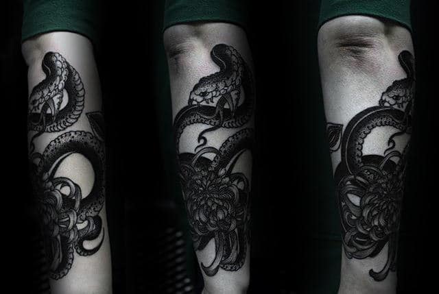 Snake Chrysanthemum Masculine Male Tattoos