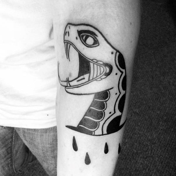 Snake Head Drops Guys Traditional Black Ink Forearm Tattoos