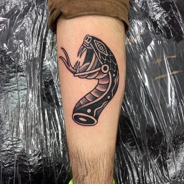 Snake Head Mens Black Ink Shaded Traditional Leg Tattoo Designs