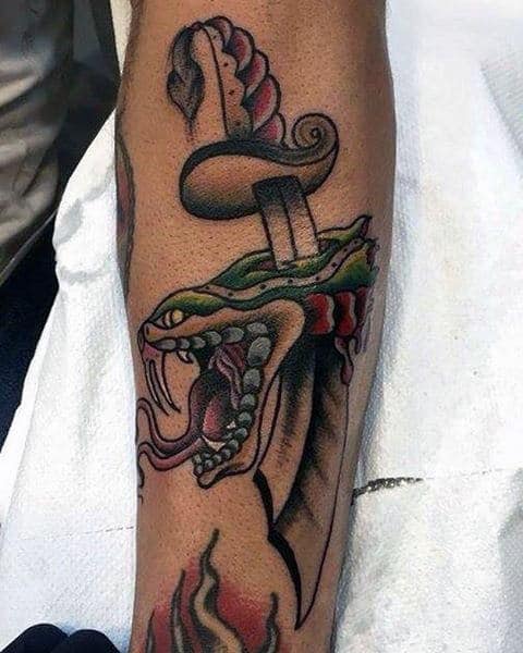 Snake Head Traditional Dagger Male Inner Forearm Tattoo Ideas
