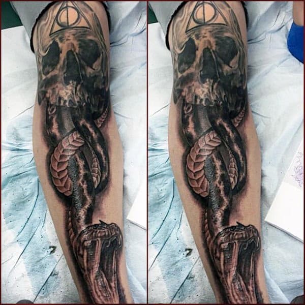 Snake Skull Mens Black Ink Shin Tattoos