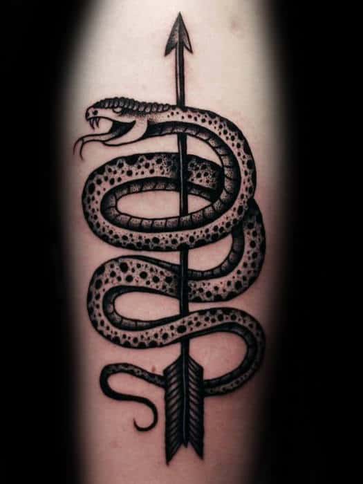 Snake With Dots And Arrow Guys Traditional Arm Tattoo