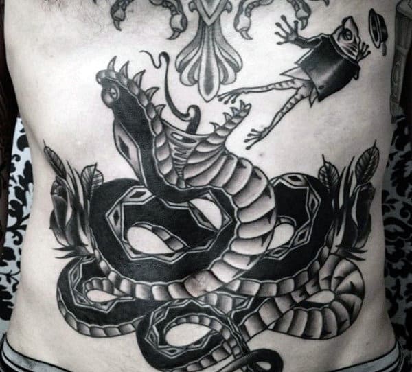 Snake With Jumping Frog Mens Old School Manly Stomach Tattoos