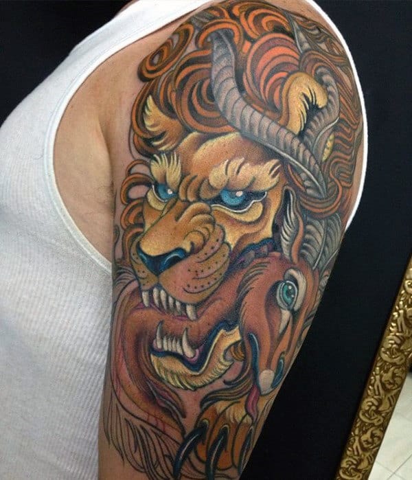 Snake With Lion Mens Half Sleeve Tattoo Ideas
