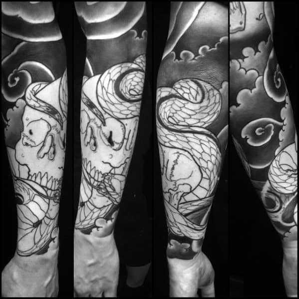 Snake With Skull Japanese Sleeve Tattoos For Guys