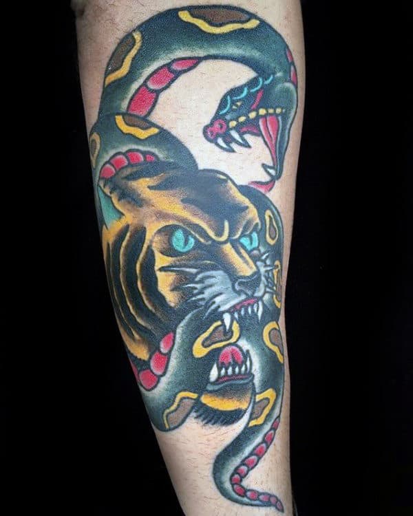 Snake With Tiger Mens Traditional Forearm Tattoo Ideas