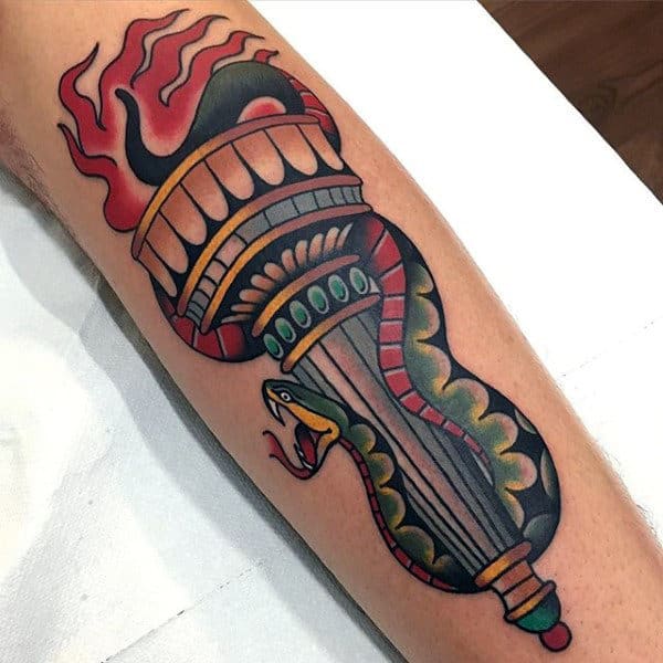Snake With Torch Traditional Guys Outer Forearm Tattoos