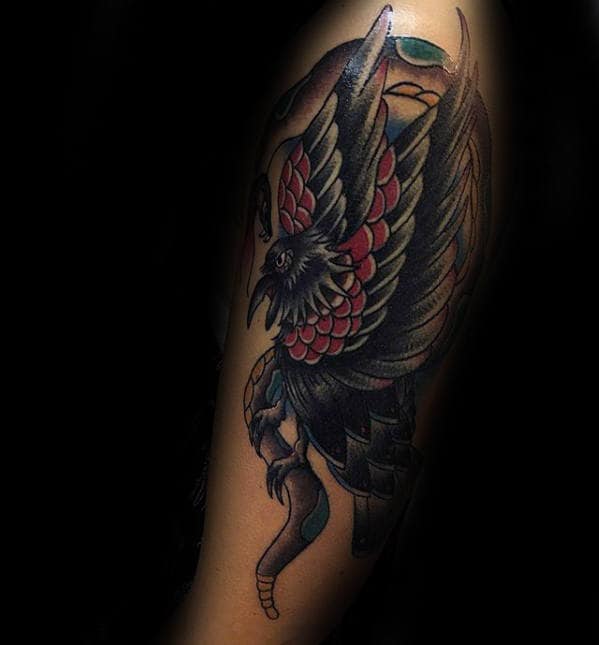 Snake With Traditional Crow Guys Arm Tattoos