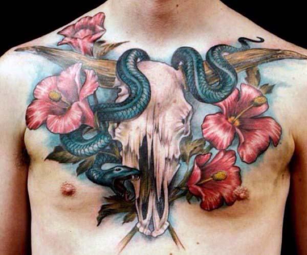Snake Wrapped Around Bull Skull Horns Mens Floral Chest Tattoos