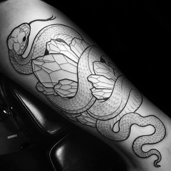Snake Wrapped Around Crystals Guys Leg Tattoo Designs