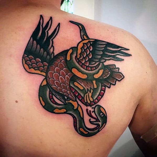 Snake Wrapped Around Eagle Mens Old School Upper Back Tattoo