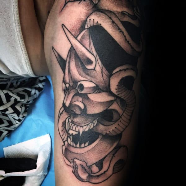 Snake Wrapped Around Hannya Mask Arm Tattoo On Male