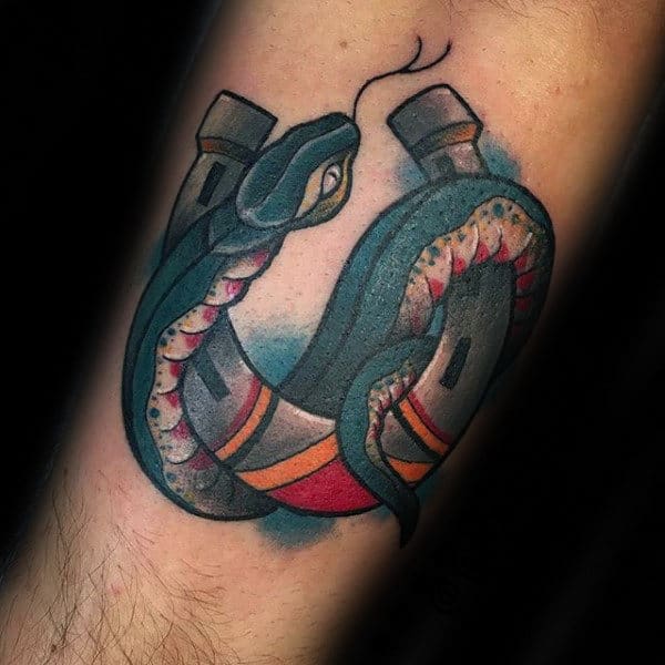 Snake Wrapped Around Horseshoe Mens Arm Tattoos