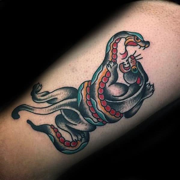 Snake Wrapped Around Panther Guys Traditional Arm Tattoos