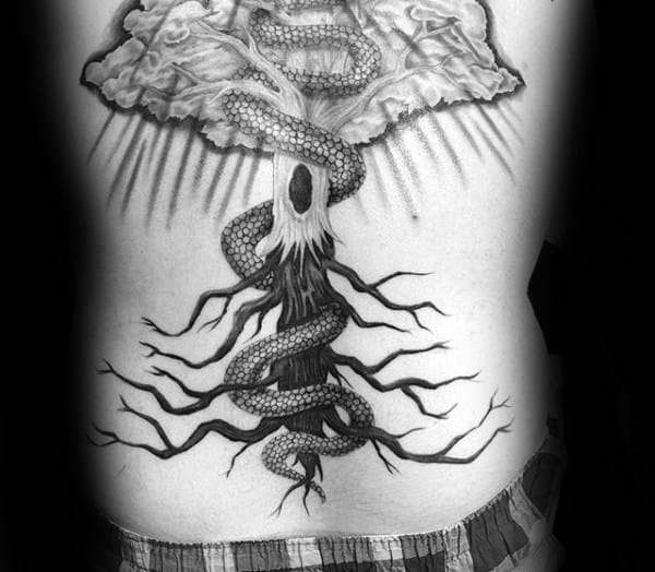 Snake Wrapped Around Tree Roots Mens Back Tattoo
