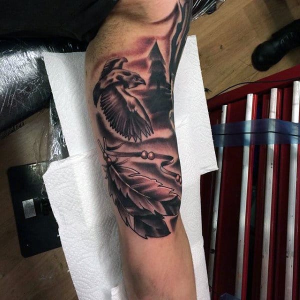 Soaring Eagle And Feather Tattoo On Arms For Guys
