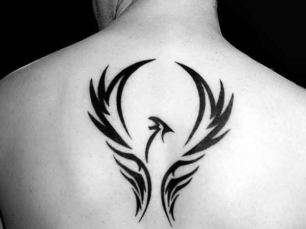 Soaring Phoenix Gentlemens Tribal Upper Back Black Ink Tattoo Design Ideas