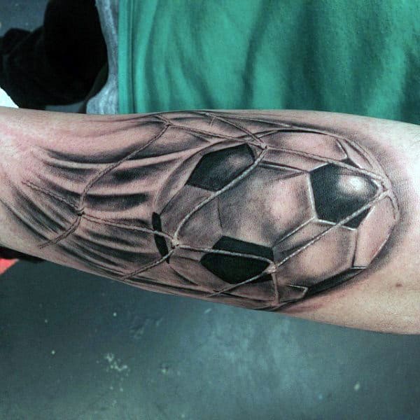 Soccerball Going Into Net Mens Forearm Tattoos