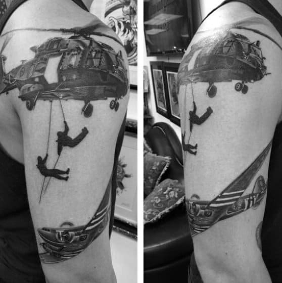 Soldiers Repelling Down Helicopter Mens Upper Arm Tattoo