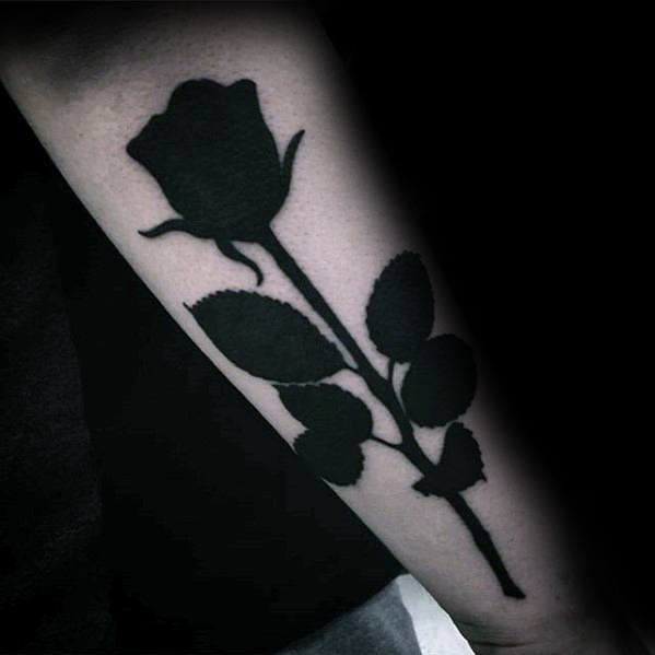 Solid All Black Ink Rose Flower With Stem Guys Forearm Tattoo