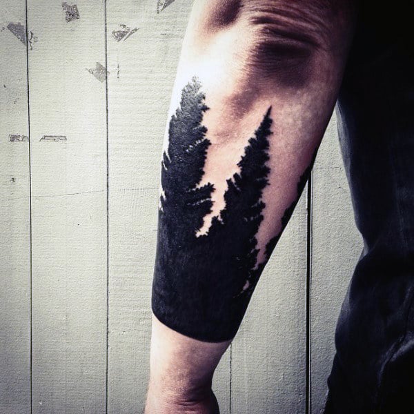 Solid Back Pine Tree Tattoos On Forearm For Men