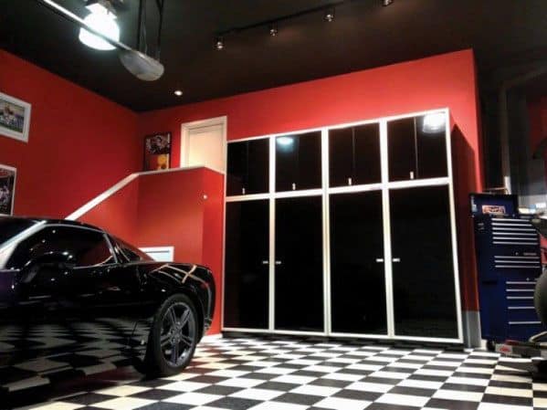 Solid Black Garage Ceiling Ideas With Red Color Walls