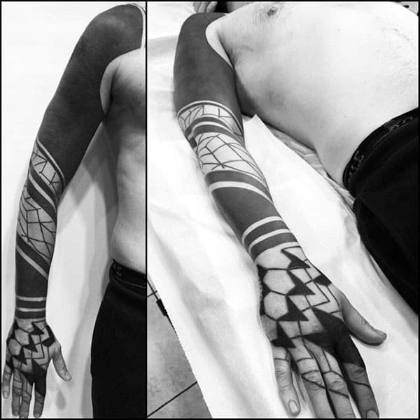 Solid Black Ink Blackwork Guys Tribal Full Arm Tattoos