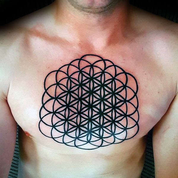Solid Black Ink Flower Of Life Guys Chest Tattoo