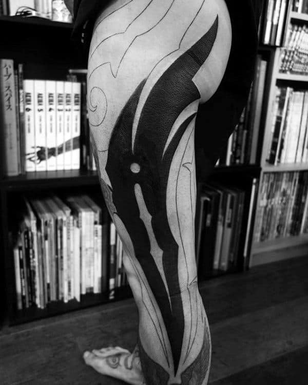 Solid Black Ink Full Leg Male Tribal Thigh Tattoo Designs