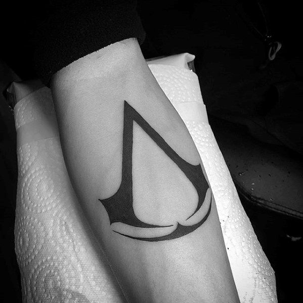 Solid Black Ink Guys Assassins Creed A Tattoo Design On Inner Forearm