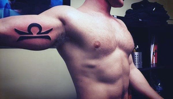 Solid Black Ink Guys Libra Sign Inner Arm Bicep Tattoos