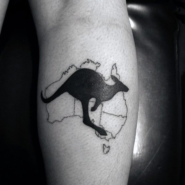 Solid Black Ink Leg Calf Mens Tattoo With Kangaroo Design