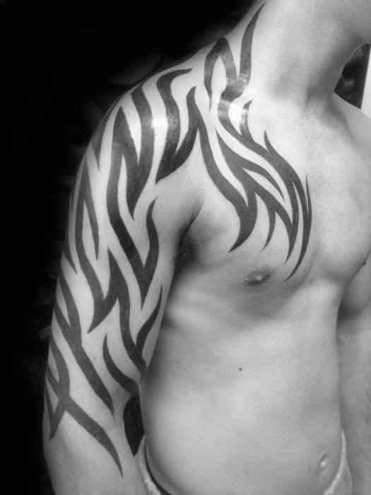 Solid Black Ink Lines Tribal Neck Guys Tattoos