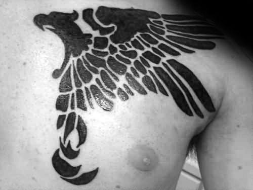 Solid Black Ink Male Tribal Eagle Upper Chest Tattoos