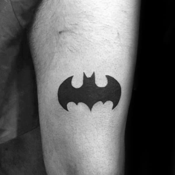 Solid Black Ink Simple Batman Symbol Mens Thigh Tattoos