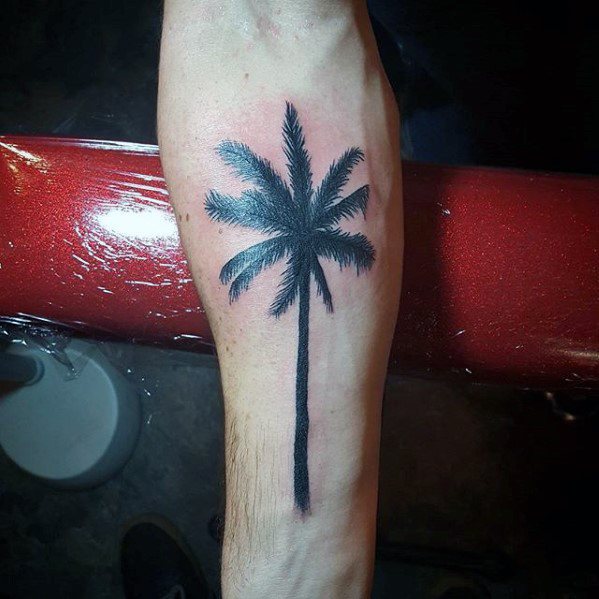 Solid Black Ink Simple Palm Tree Design Tattoo For Men On Inner Forearm