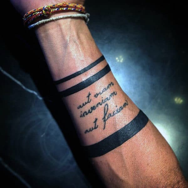 Solid Black Mens Armband Tattoo With Quote Cursive Lettering Design