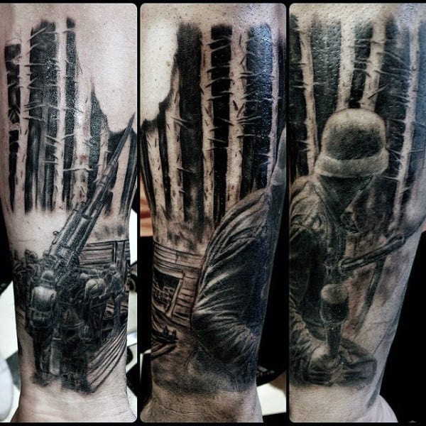 Solider In Forest Ww2 Mens Forearm Tattoos