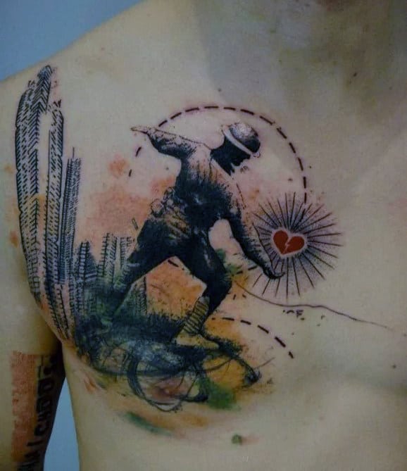 Solider Throwing Heart Mens Banksy Chest Tattoos With Watercolor Design