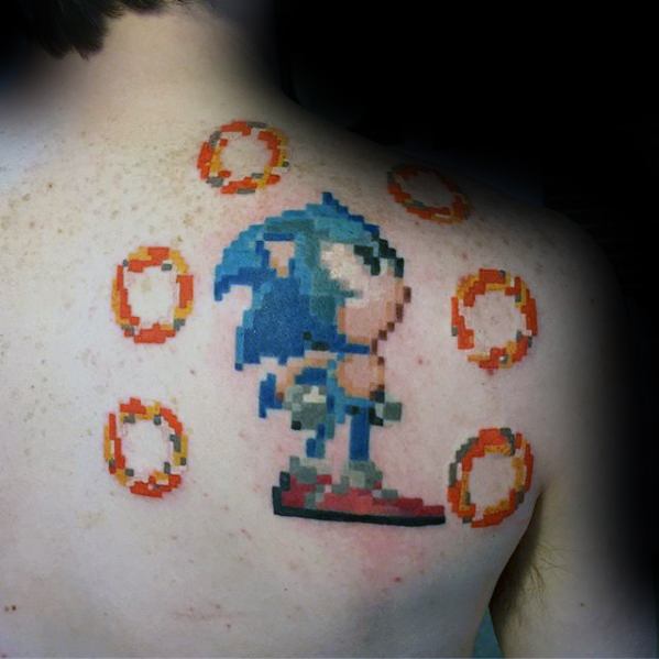 Sonic 8 Bit Guys Back Of Shoulder Blade Tattoos