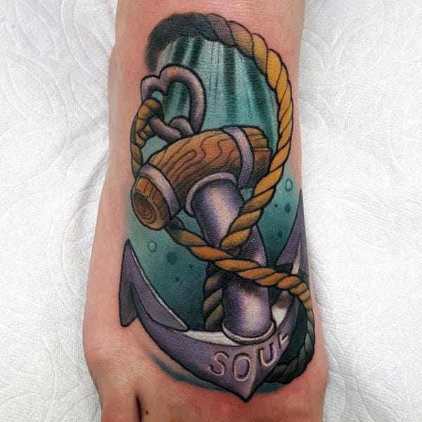 Soul Anchor With Yellow Rope Tattoo Ideas On Foot Guys