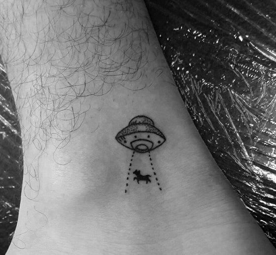 Space Ship Ankle Mens Tattoo With Quarter Sized Design