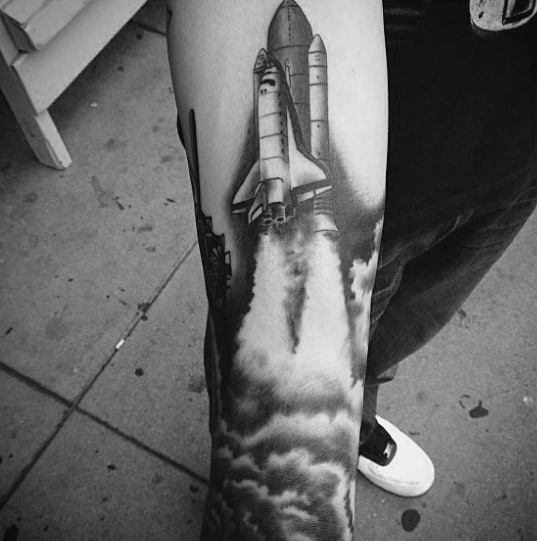 Spaceship Realistic Black And Grey Mens Inner Forearm Tattoo