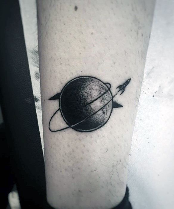 Spaceship With Planet Guys Small Creative Lower Leg Tattoo