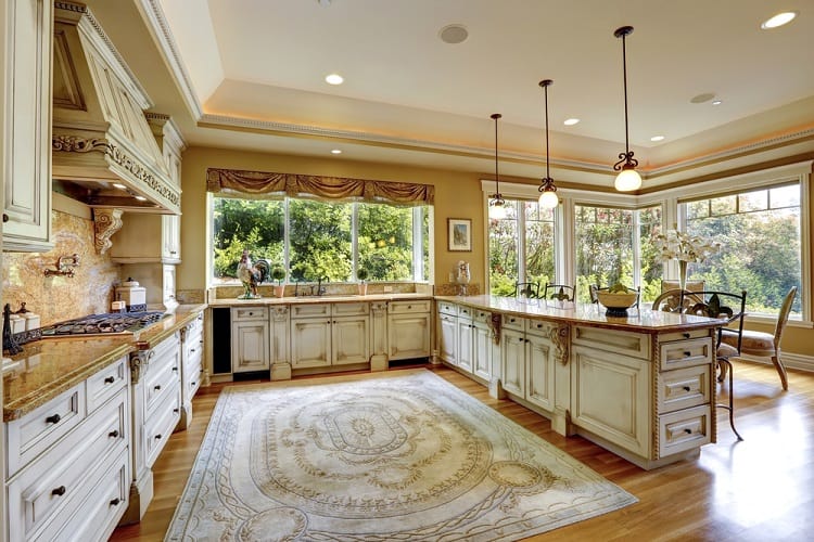 spacious farmhouse kitchen tray ceiling